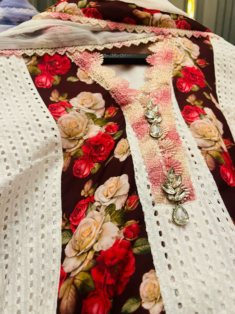 Chicken floral panel work stiched lawn dresses