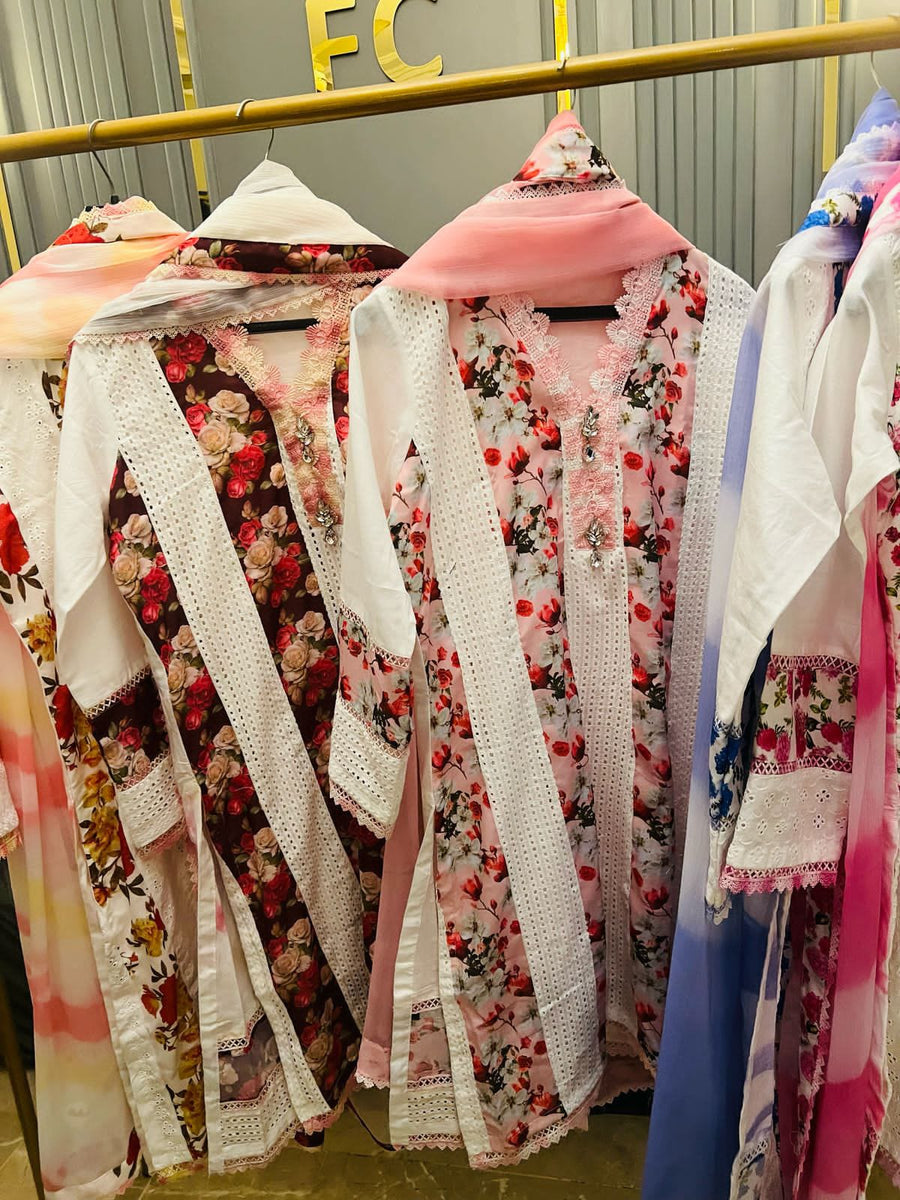 Chicken floral panel work stiched lawn dresses