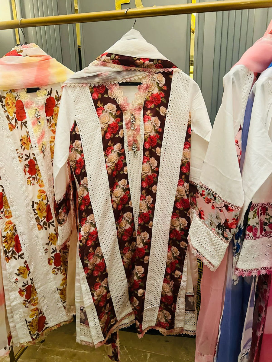 Chicken floral panel work stiched lawn dresses
