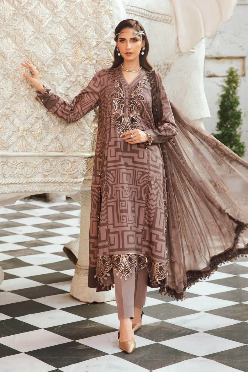 3 Piece Embroidered Cambric Suit | MPT-2703-B