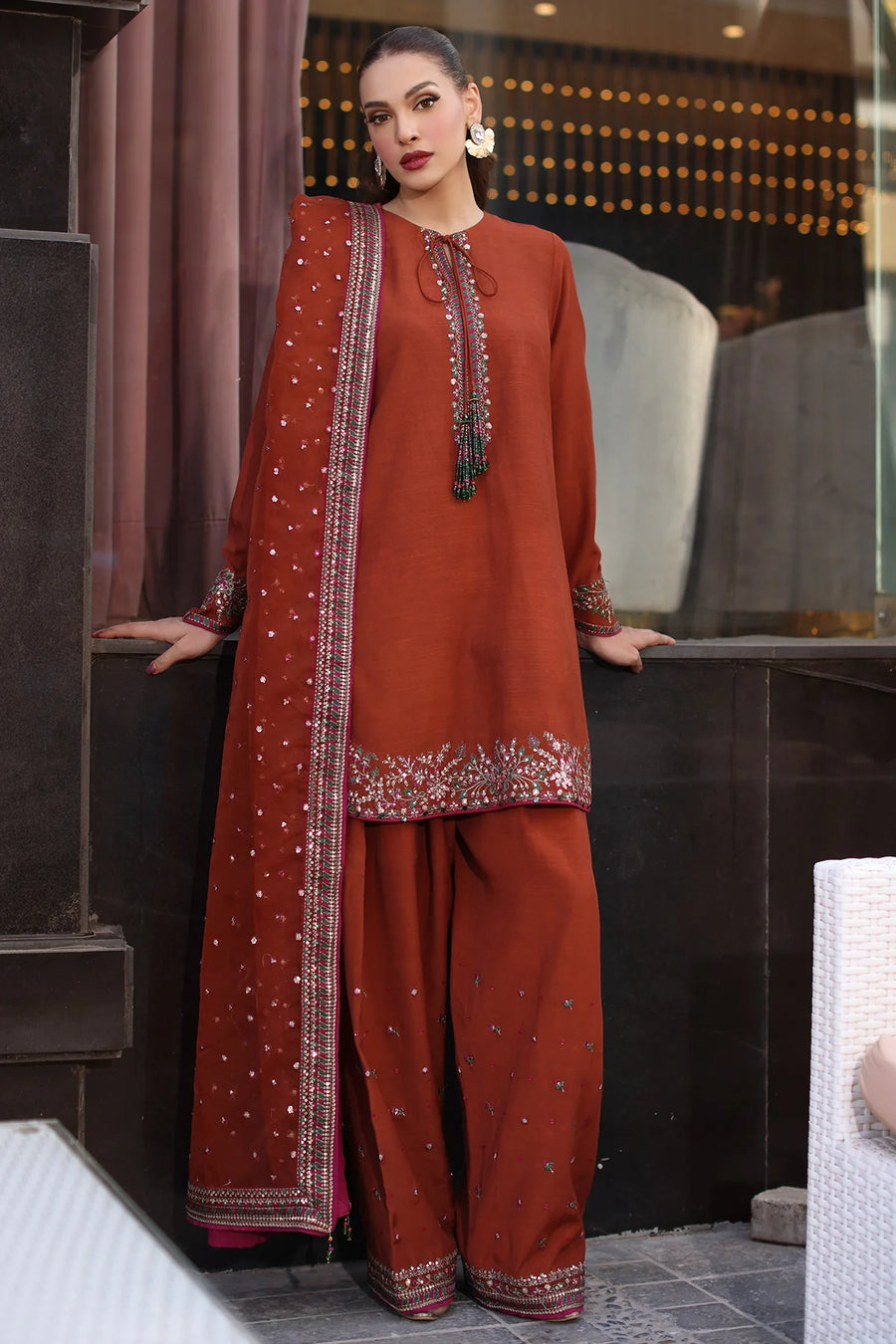 3-PC Embroidered Raw-Silk Shirt with Embroidered Organza Dupatta and Trouser