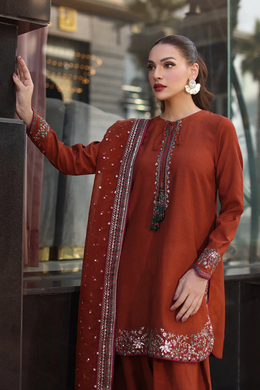 3-PC Embroidered Raw-Silk Shirt with Embroidered Organza Dupatta and Trouser