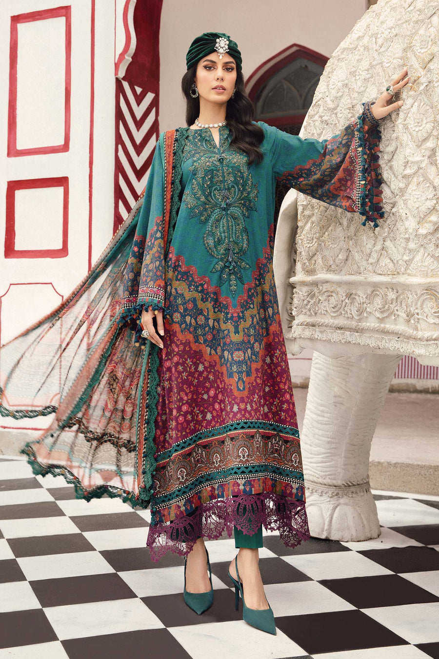 3 Piece Embroidered Cambric Suit | MPT-2710-B