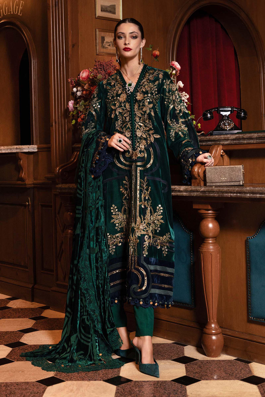 3 Piece Embroidered Velvet Suit